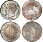 FRANCE
Napoléon III (1852-1870). 50 centimes en bronze-argenté 1855, paire d’essais unifaces, tranche lisse.
Av. Tête laurée à gauche. Rv. Champ lis...