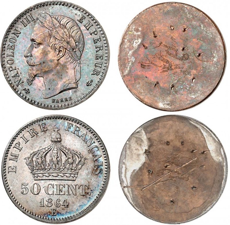 FRANCE
Napoléon III (1852-1870). 50 centimes en bronze-argenté 1864, paire d’es...