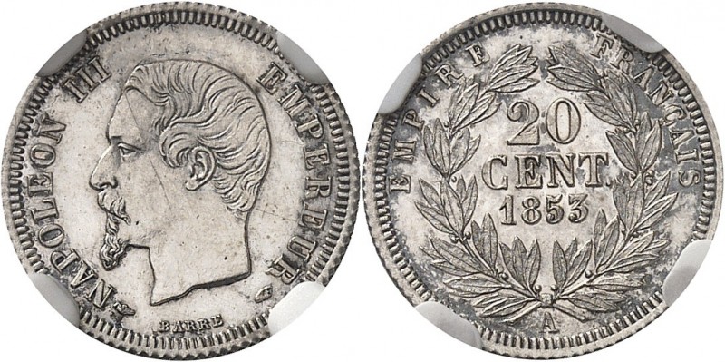 FRANCE
Napoléon III (1852-1870). 20 centimes 1853 A, Paris, frappe sur flan bru...