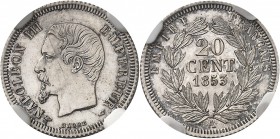 FRANCE
Napoléon III (1852-1870). 20 centimes 1853 A, Paris, frappe sur flan bruni.
Av. Tête nue à gauche. Rv. Valeur dans une couronne.
G. 305.
NG...