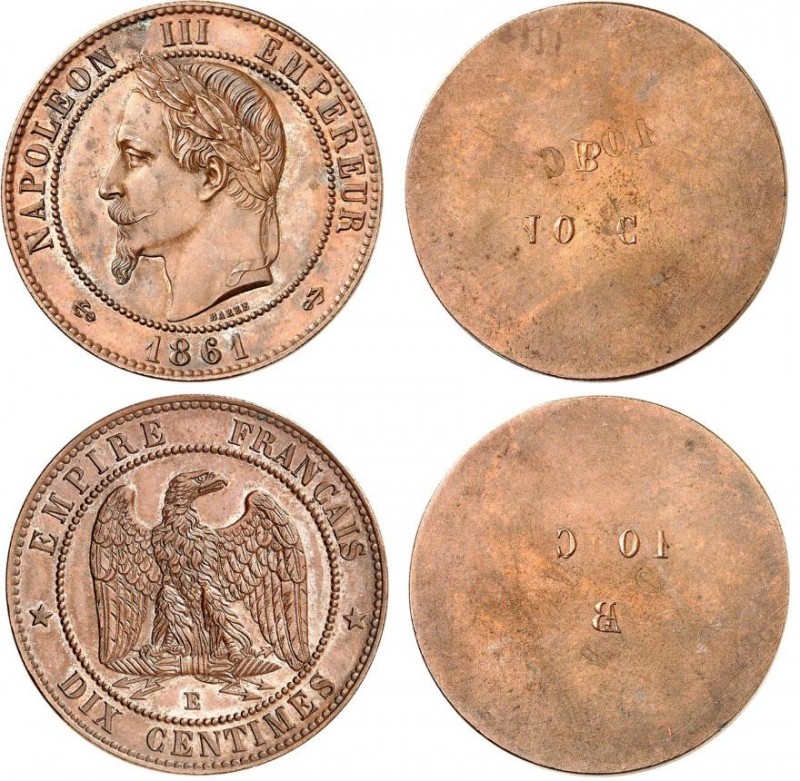 FRANCE
Napoléon III (1852-1870). 10 centimes en bronze 1861, paire d’essais uni...
