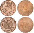 FRANCE
Napoléon III (1852-1870). 10 centimes en bronze 1861, paire d’essais unifaces.
Av. Tête laurée à gauche. Rv. «AB 10 C» en miroir. Av. Aigle i...