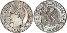 FRANCE
Napoléon III (1852-1870). 5 centimes 1854 B, Rouen, essai en argent.
Av. Tête nue à gauche. Rv. Aigle impérial.
Maz. 1707a.
PCGS SP 64. Rar...