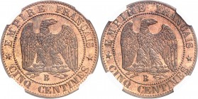 FRANCE
Napoléon III (1852-1870). 5 centimes non daté B, Rouen, essai au double revers.
Av. Rv. Aigle impérial.
Maz. 1709.
Top pop : seul exemplair...