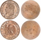 FRANCE
Napoléon III (1852-1870). 5 centimes en bronze 1861, paire d’essais unifaces, tranche lisse.
Av. Tête laurée à gauche. Rv. «AB 5 C» en miroir...