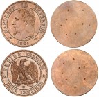 FRANCE
Napoléon III (1852-1870). 2 centimes en bronze 1861, paire d’essais unifaces.
Av. Tête laurée à gauche. Rv. Champ lisse. Av. Aigle impérial. ...