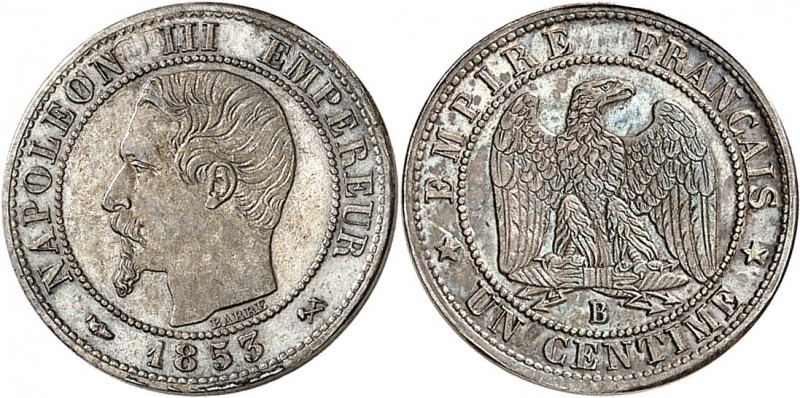 FRANCE
Napoléon III (1852-1870). 1 centime 1853 B, Rouen, essai en argent.
Av....