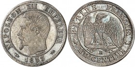 FRANCE
Napoléon III (1852-1870). 1 centime 1853 B, Rouen, essai en argent.
Av. Tête nue à gauche. Rv. Aigle impérial.
Maz. 1726a
PCGS SP 63. Raris...
