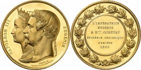 FRANCE
Napoléon III (1852-1870). Médaille en or aux effigies de l’empereur et l’impératrice Eugénie, offerte à Monsieur Cornuau lors de l’épidémie de...