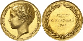 FRANCE
Napoléon IV (1856-1879). Médaille en or 1869, attribuée à Courtois-Macé, par Bovy.
Av. Tête nue à gauche. Rv. Inscriptions en creux.
35,50 m...