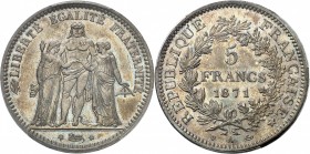 FRANCE
La Commune (18 mars 1871-28 mai 1871). 5 francs Camélinat 1871 A, Paris, différent trident, date espacée.
Av. Hercule, la Liberté et l’Egalit...