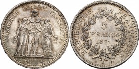 FRANCE
La Commune (18 mars 1871-28 mai 1871). 5 francs Camélinat 1871 A, Paris, différent trident.
Av. Hercule, la Liberté et l’Egalite debout. Rv. ...