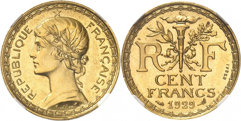 FRANCE
IIIe République (1870-1940). 100 francs 1929, essai en or, concours de G...