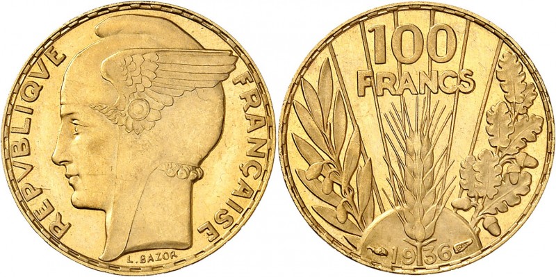 FRANCE
IIIe République (1870-1940). 100 francs or Bazor 1936, flan bruni.
Av. ...