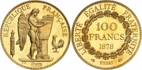 FRANCE
IIIe République (1870-1940). 100 francs or 1878, essai sur flan bruni, grand caractères au revers, différents ancre/ancre, tranche lisse, frap...
