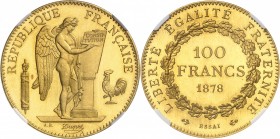 FRANCE
IIIe République (1870-1940). 100 francs or 1878, frappe sur flan bruni, « essai » en petits caractères, différents ancre/ancre, tranche lisse,...