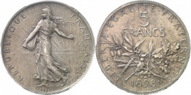 FRANCE
IIIe République (1870-1940). 5 francs 1898, essai flan mat, par Roty.
Av. La Semeuse à gauche. Rv. Valeur.
GEM. 131.1.
Top pop : plus haut ...