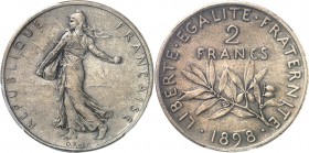 FRANCE
IIIe République (1870-1940). 2 francs 1898, piéfort sur flan mat.
Av. La Semeuse à gauche. Rv. Valeur.
GEM. 111.P1.
PCGS SP 63. Superbe à F...
