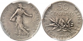 FRANCE
IIIe République (1870-1940). 50 centimes 1897, flan mat.
Av. La Semeuse à gauche. Rv. Valeur.
G. 430.
Top pop : plus haut grade (2)
PCGS P...