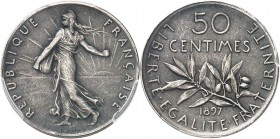 FRANCE
IIIe République (1870-1940). 50 centimes 1897, piéfort sur flan mat.
Av. La Semeuse à gauche. Rv. Valeur.
GEM. 81.P3.
PCGS SP 63 MAT. Super...