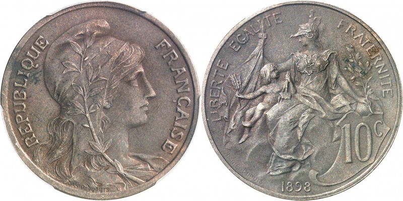 FRANCE
IIIe République (1870-1940). 10 centimes 1898, piéfort sur flan mat.
Av...
