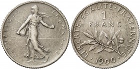 FRANCE
IIIe République (1870-1940). 1 franc 1900, flan mat.
Av. La semeuse à gauche. Rv. Branche d’olivier, au-dessus la valeur.
GEM. 273.3.
PCGS ...