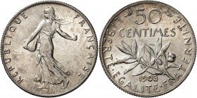FRANCE
IIIe République (1870-1940). 50 centimes 1903.
Av. La semeuse à gauche. Rv. Branche d’olivier, au-dessus la valeur.
G. 420.
PCGS MS 64. Fle...