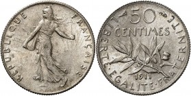 FRANCE
IIIe République (1870-1940). 50 centimes 1911.
Av. La semeuse à gauche. Rv. Branche d’olivier, au-dessus la valeur.
G. 420.
PCGS MS 63. Fle...