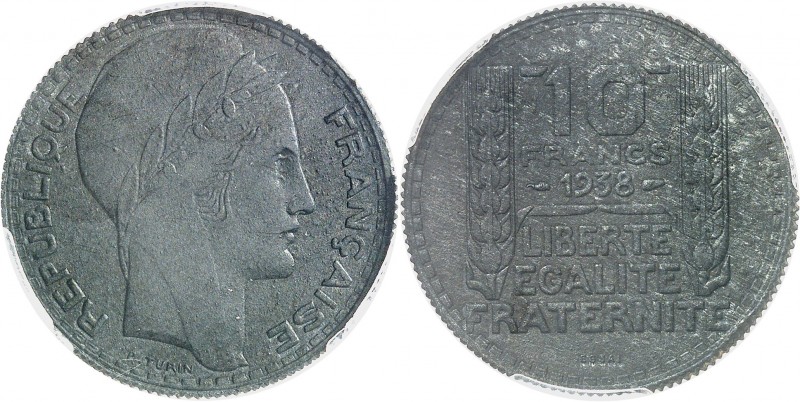 FRANCE
IIIe République (1870-1940). 10 francs 1938, essai en zinc.
Av. Tête la...