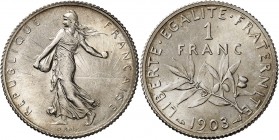 FRANCE
IIIe République (1870-1940). 1 franc 1903.
Av. La semeuse à gauche. Rv. Branche d’olivier, au-dessus la valeur.
G. 467.
PCGS MS 65. Rare da...