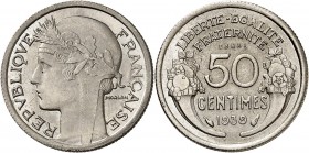 FRANCE
IIIe République (1870-1940). 50 centimes Morlon 1939, essai en nickel.
Av. Buste de la République à gauche. Rv. Valeur entre deux cornes d’ab...