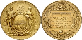 FRANCE
IIIe République (1870-1940). Médaille en or janvier 1912, décernée à Léopold Thèmeze capitaine du navire « Le Carthage » de la Compagnie Génér...