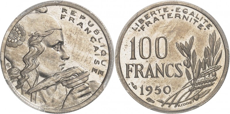 FRANCE
IVe République (1947-1958). 100 francs cochet 1950, présérie 21mm.
Av. ...