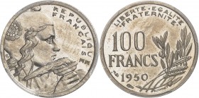 FRANCE
IVe République (1947-1958). 100 francs cochet 1950, présérie 21mm.
Av. Tête de la République à droite. Rv. Valeur.
G. 891.
PCGS SP 64. Très...