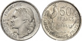FRANCE
IVe République (1947-1958). 50 francs Guiraud 1951, épreuve en argent.
Av. Tête de la République à gauche. Rv. Valeur au dessus de la date, à...