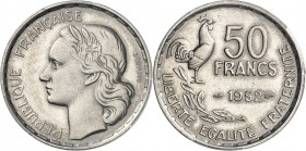 FRANCE
IVe République (1947-1958). 50 francs Guiraud 1952, épreuve en nickel.
Av. Tête de la République à gauche. Rv. Valeur au dessus de la date, à...