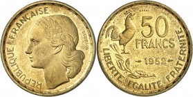 FRANCE
IVe République (1947-1958). 50 francs Guiraud 1952, essai.
Av. Tête de la République à gauche. Rv. Valeur au dessus de la date, à gauche un c...