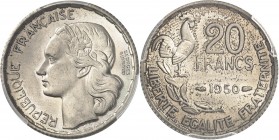 FRANCE
IVe République (1947-1958). 20 francs Guiraud 1950, essai en argent 4 plumes, tranche cannelée.
Av. Tête de la République à gauche. Rv. Valeu...