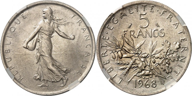 FRANCE
Ve République (1958 à nos jours). 5 francs 1968, présérie en nickel arge...
