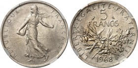 FRANCE
Ve République (1958 à nos jours). 5 francs 1968, présérie en nickel argenté, flan mat, tranche striée.
Av. La semeuse à gauche. Rv. Branche d...