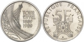 FRANCE
Ve République (1958 à nos jours). 5 francs tour Eiffel 1989, centenaire de l’exposition universelle, présérie listel large et coin non poli, d...