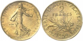 FRANCE
Ve République (1958 à nos jours). 2 francs 1959, essai en bronze alu, 5 de la date aligné.
Av. La Semeuse à gauche. Rv. Branche d’olivier, au...