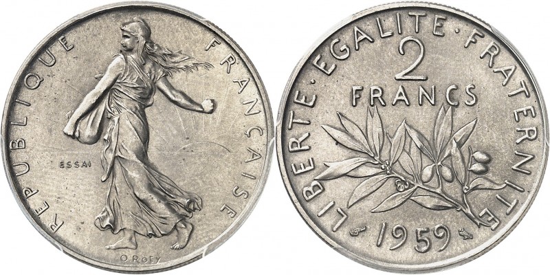 FRANCE
Ve République (1958 à nos jours). 2 francs 1959, essai en Nickel.
Av. L...