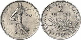 FRANCE
Ve République (1958 à nos jours). 2 francs 1959, essai en Nickel.
Av. La semeuse à gauche. Rv. Branche d’olivier, au-dessus la valeur
Gem. 1...