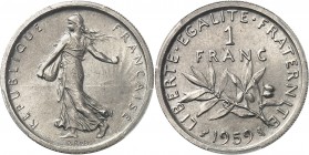 FRANCE
Ve République (1958 à nos jours). 1 franc 1959, présérie sans le mot essai, listel large.
Av. La semeuse à gauche. Rv. Branche d’olivier, au-...