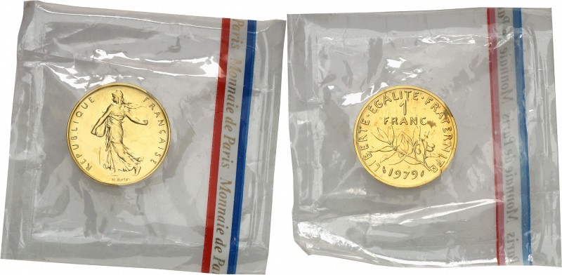 FRANCE
Ve République 1958-à nos jours. 1 franc 1979, piéfort en or.
Av. La Sem...