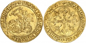 FRANCE FÉODALES
Bretagne, François II (1450-1457). Cavalier d’or, Rennes.
Av. Francois II à cheval galopant à droite, portant un bouclier aux armoir...