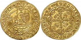 GRANDE-BRETAGNE
Édouard III (1327-1377). 1/2 noble d’or, Londres (1361-1369),
Av. Le roi debout dans une nef, tenant un bouclier dans la main gauche...