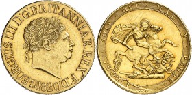 GRANDE-BRETAGNE
Georges III (1760-1820). Souverain 1820.
Av. Tête laurée à droite. Rv. Saint Georges terrassant le dragon.
S. 3785, Fr. 371. 7,98 g...