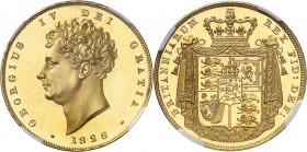 GRANDE-BRETAGNE
Georges IV (1820-1830). 2 souverains (2 pounds) 1826, Londres, frappe sur flan bruni.
Av. Tête nue à gauche. Rv. Écu couronné.
S. 3...